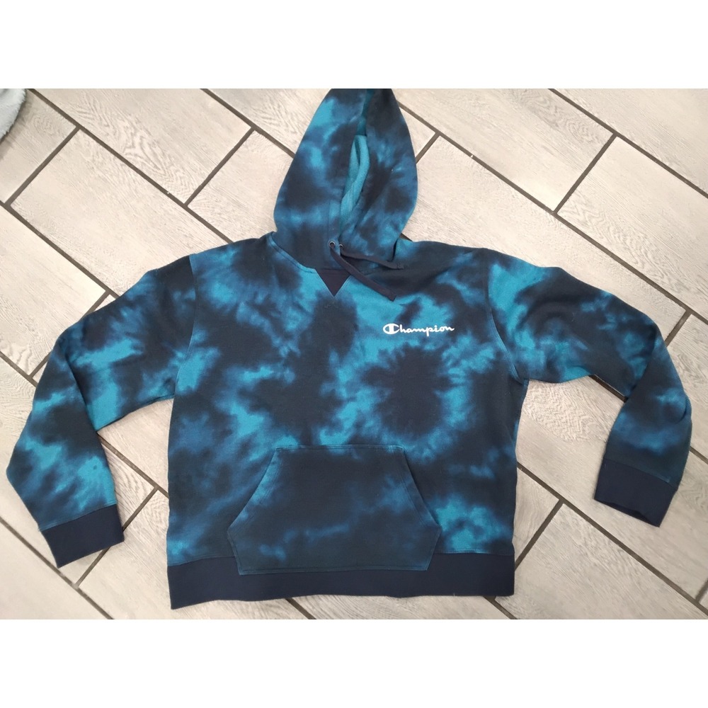 Champion Mens‎ XL Blue Tie Dye Pullover Hoodie Sweatshirt Fleece Logo 1465573
